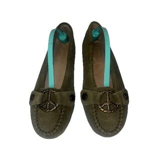 Peace Moccasins Suede Leather Moccasins Women's Size‎ 6 Olive Green Peace Buckle